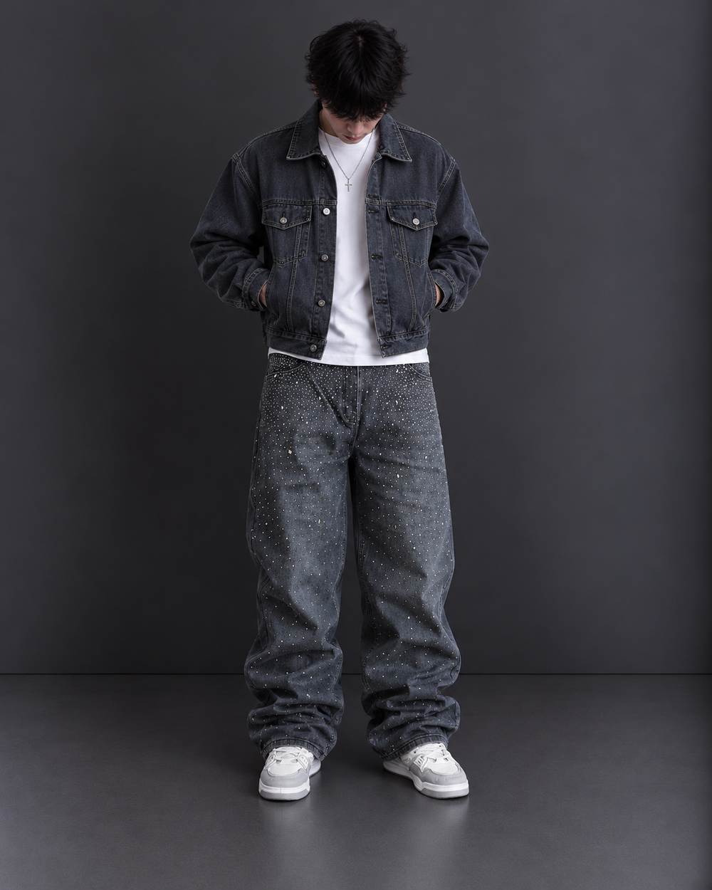 Grey Crystal Loose Jeans
