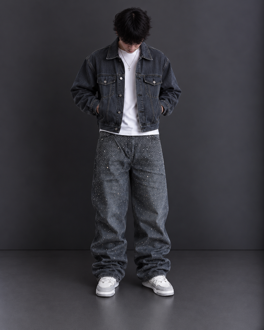 Grey Crystal Loose Jeans